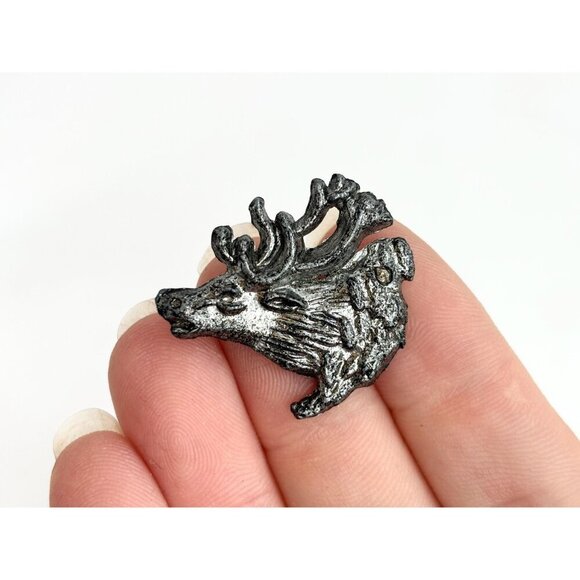 Stag Large Deer Figural Textured Silver Toned Vintage Lapel Pin | Brooch - Picture 8 of 10
